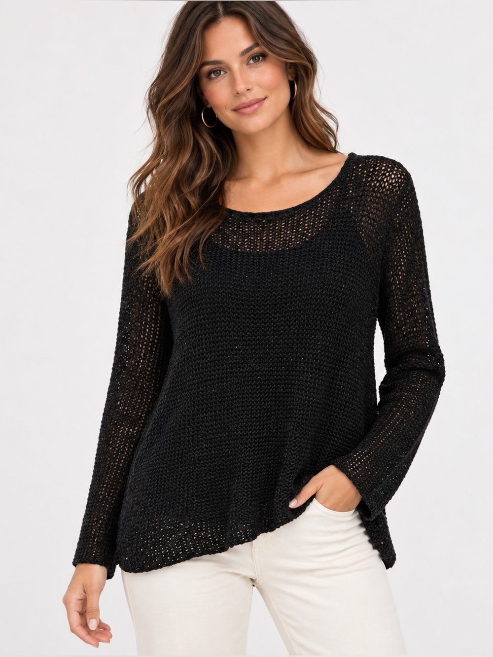 Eileen Fisher Black Cotton Linen Blend Open-Knit Scoop Neck Sweater Size S/P